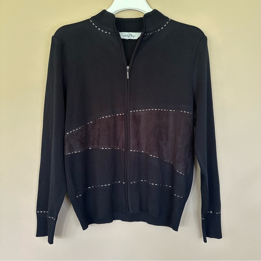 Ming Wang Women M Black Jacket Studded Long Sleeve Stretch Zip Slinky Luxury - Picture 1 of 5